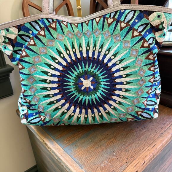 Rebecca Minkoff Embroidered Beaded Leather Tote Bag Gray Blue Green Purple Ivory - Picture 2 of 12